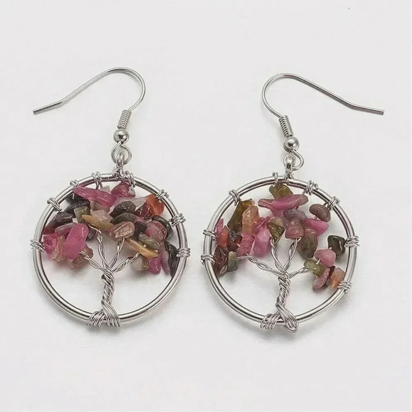 Silver Platinum Plated Tourmaline Tree of Life Gemstone Beads Dangle Earrings - Picture 1 of 1
